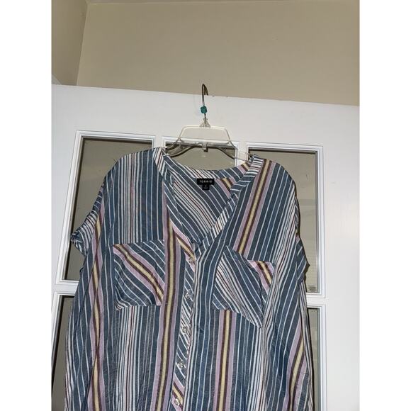 Torrid Womens 2X Blue Striped Button Front Dolman Sleeves Blouse Top Pockets - Picture 3 of 5